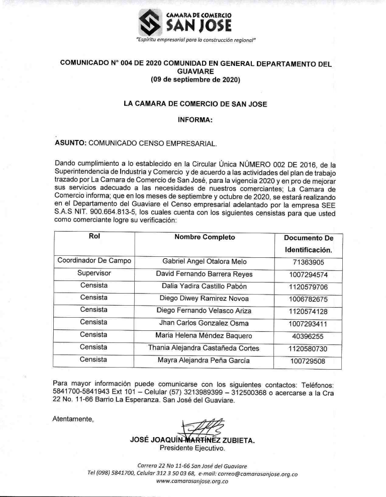 Comunicado de la Cámara de comercio de San José del Guaviare sobre la lista de censistas, quienes eran los encargados del censo empresarial 2020.
