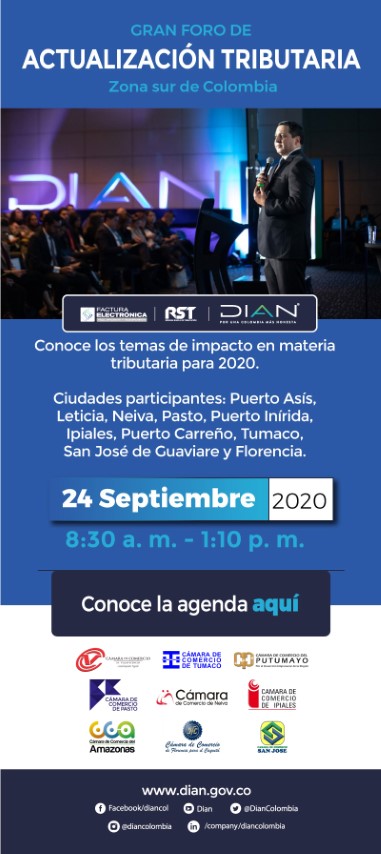 Banner informativo, sobre la actualización del Gran Foro de actualización Tributaria Zona sur de Colombia, el 24 de Septiembre de 2020.