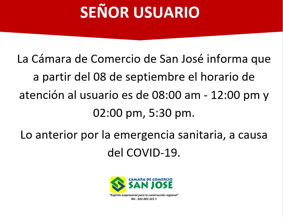 Banner informativo, sobre los horarios de atención de la Cámara de Comercio de San José del Guaviare el día 8 de Septiembre de 8 de la mañana a 5:30 de la tarde.