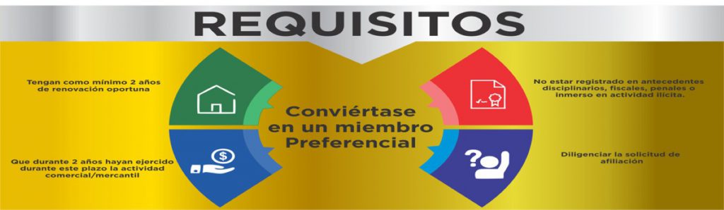 Banner informativo, sobre los requisitos para convertirse en un miembro preferencial de la cámara de comercio de San José del Guaviare.