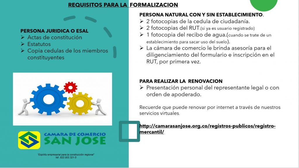 Banner informativo sobre los requisitos para hacer la formalización en la Cámara de comercio de San José del Guaviare.