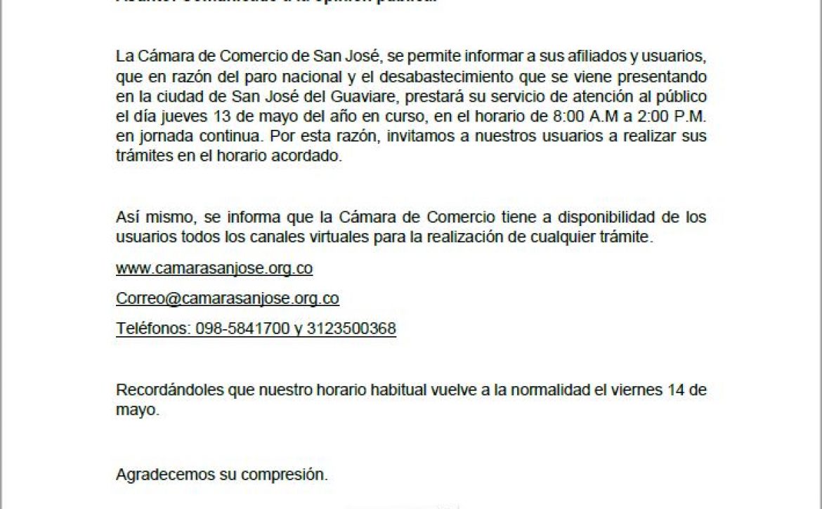 Comunicado de la Cámara de comercio de San José del Guaviare sobre el horario de atención al público el día 13 de mayo de 2021.