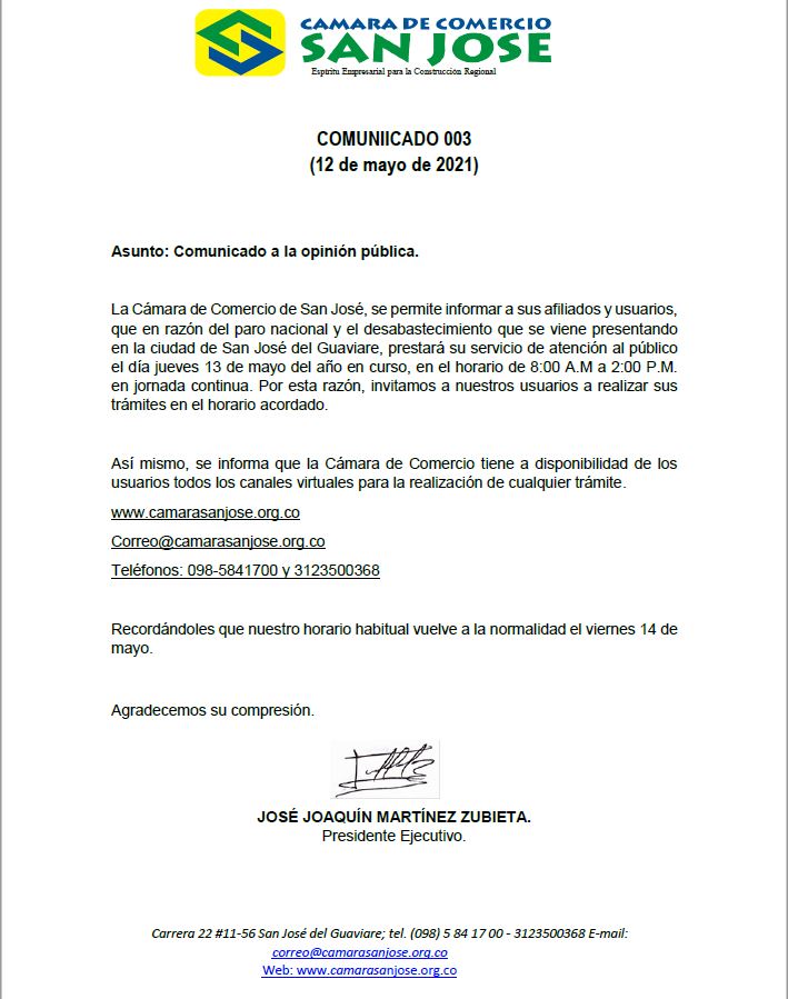 Comunicado de la Cámara de comercio de San José del Guaviare sobre el horario de atención al público el día 13 de mayo de 2021.