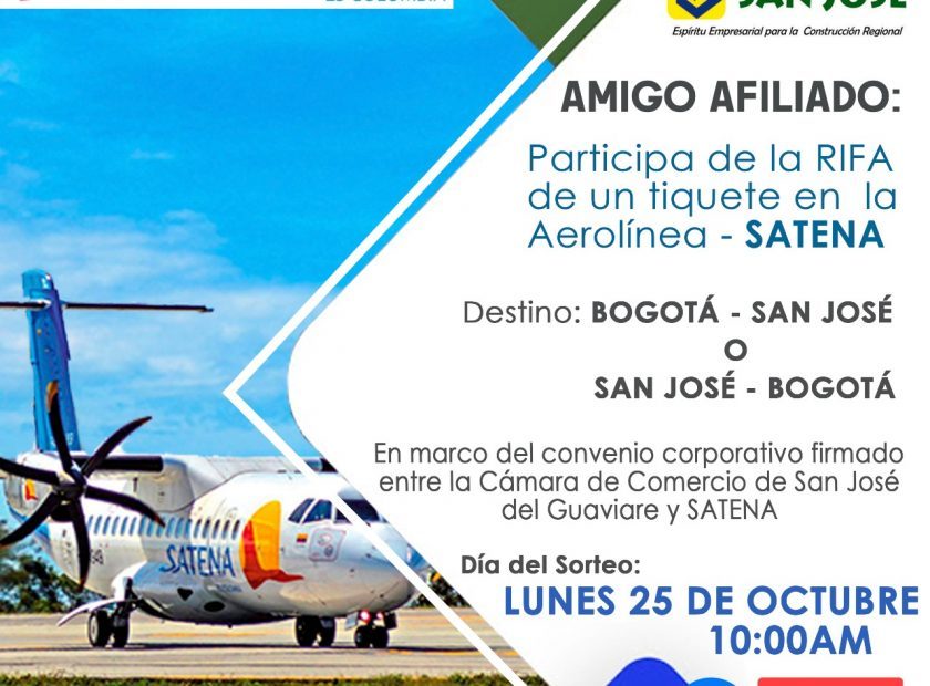 Banner publicitario, invitando a los afiliados a la Cámara de Comercio de San José del Guaviare a participar en la rifa de un tiquete en la aerolínea Satena.