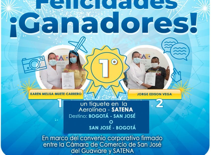 Banner informativo, donde se anuncia los ganadores de un tiquete gratis en la aerolínea Satena. Concurso realizado por la Cámara de comercio de San José del Guaviare y el Círculo de afiliados.