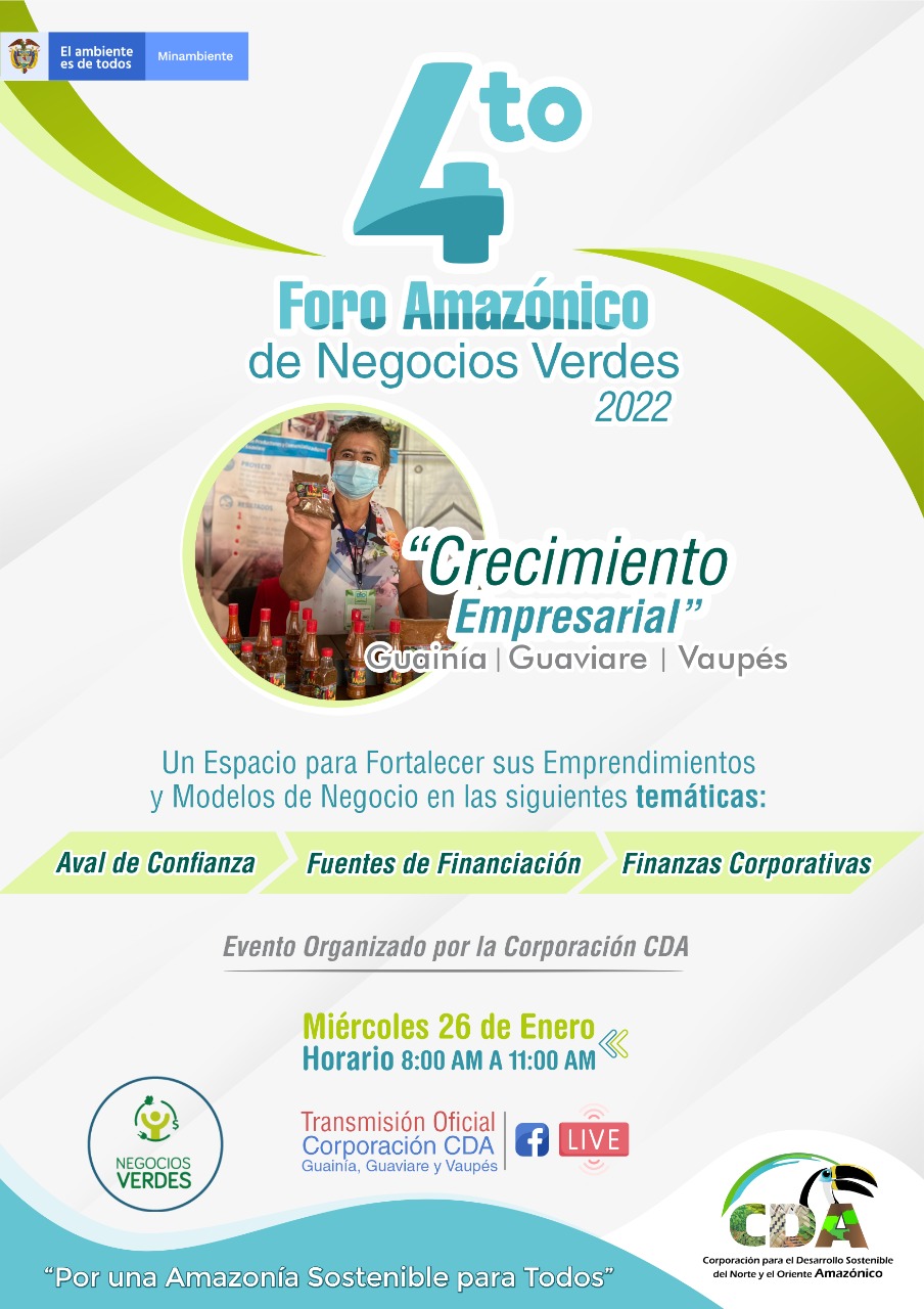 Banner publicitario, invitando a los comerciantes del Guainía, Guaviare y Vaupés al cuarto foro amazónico de negocios verdes 2022
